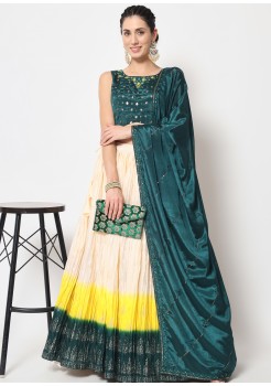 Dark Green And Cream Chinon Silk Designer Lehenga 